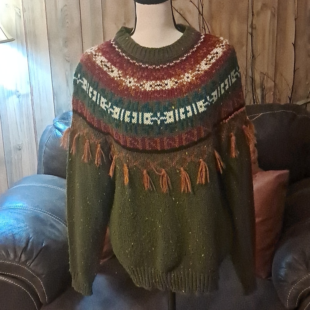 IVY VTG Knit Boho Pom Pom Fair Isle Sweater M Women Crewneck Fringe